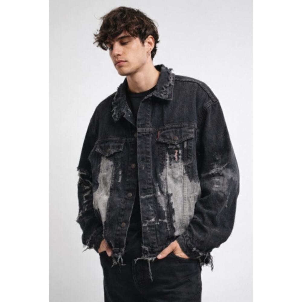 UNMATURE DESIGNER Hand Distressed Oversized Jean Jacket Sz L Streetwear Grunge